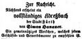 Ankündigung des neuen Adreßbuchs, Juni 1854 <span class="smw-highlighter" data-type="8" data-state="inline" data-title="Hinweis" title="Lizenz: NoC-NC 1.0"><span class="smwtticon note"></span><span class="smwttcontent">Lizenz: NoC-NC 1.0</span></span>