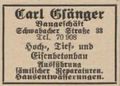 Werbung im Fürther Adressbuch von 1931 der Firma Carl Gsänger <span class="smw-highlighter" data-type="8" data-state="inline" data-title="Hinweis" title="Urheber: Fürther Adressbuch 1931Lizenz: CC BY-SA 3.0"><span class="smwtticon note"></span><span class="smwttcontent">Urheber: Fürther Adressbuch 1931<br><br>Lizenz: CC BY-SA 3.0</span></span>