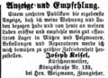 Geschäftseröffnung von Joseph Keisel, Kürschnermeister, November 1863 <span class="smw-highlighter" data-type="8" data-state="inline" data-title="Hinweis" title="Lizenz: NoC-NC 1.0"><span class="smwtticon note"></span><span class="smwttcontent">Lizenz: NoC-NC 1.0</span></span>