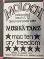 Plakat für eine Musikveranstaltung der Gruppe Moloch im Geismannsaal, 1972 <span class="smw-highlighter" data-type="8" data-state="inline" data-title="Hinweis" title="Urheber: MolochLizenz: CC BY-SA 3.0"><span class="smwtticon note"></span><span class="smwttcontent">Urheber: Moloch<br><br>Lizenz: CC BY-SA 3.0</span></span>