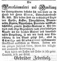 Zeitungsanzeige, dass die Gebrüder Zederholz mit ihrer Porzellanhandlung in die Schwabacher Straße ... <span class="smw-highlighter" data-type="8" data-state="inline" data-title="Hinweis" title="Zeitungsanzeige, dass die Gebrüder Zederholz mit ihrer Porzellanhandlung in die Schwabacher Straße gehen, März 1854Lizenz: NoC-NC 1.0"><span class="smwtticon note"></span><span class="smwttcontent">Zeitungsanzeige, dass die Gebrüder Zederholz mit ihrer Porzellanhandlung in die Schwabacher Straße gehen, März 1854<br><br>Lizenz: NoC-NC 1.0</span></span>