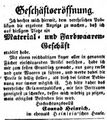 Zeitungsanzeige von <!--LINK'" 0:19--> zur Geschäftseröffnung, Dezember 1851 <span class="smw-highlighter" data-type="8" data-state="inline" data-title="Hinweis" title="Lizenz: NoC-NC 1.0"><span class="smwtticon note"></span><span class="smwttcontent">Lizenz: NoC-NC 1.0</span></span>