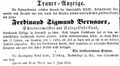 Todesanzeige für den Spiegelfabrikanten Ferdinand Sigmund Bernauer, Juni 1856 <span class="smw-highlighter" data-type="8" data-state="inline" data-title="Hinweis" title="Lizenz: NoC-NC 1.0"><span class="smwtticon note"></span><span class="smwttcontent">Lizenz: NoC-NC 1.0</span></span>
