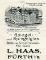 Gebäudekomplex der Fürther Spiegel- und Spiegelglasfabrik L. Haas aus einem Briefkopf von 1913 <span class="smw-highlighter" data-type="8" data-state="inline" data-title="Hinweis" title="Lizenz: CC BY-SA 3.0"><span class="smwtticon note"></span><span class="smwttcontent">Lizenz: CC BY-SA 3.0</span></span>