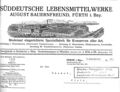 Historischer Briefkopf der Süddeutschen Lebensmittelwerke von <a class="mw-selflink selflink">1922</a> <span class="smw-highlighter" data-type="8" data-state="inline" data-title="Hinweis" title="Lizenz: CC BY-SA 3.0"><span class="smwtticon note"></span><span class="smwttcontent">Lizenz: CC BY-SA 3.0</span></span>