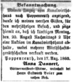 Anzeige im Fürther Tagblatt vom 17. August 1860 <span class="smw-highlighter" data-type="8" data-state="inline" data-title="Hinweis" title="Lizenz: CC BY-SA 3.0"><span class="smwtticon note"></span><span class="smwttcontent">Lizenz: CC BY-SA 3.0</span></span>