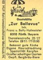 Zündholzschachtel-Etikett der Gaststätte Bellevue, um 1965 <span class="smw-highlighter" data-type="8" data-state="inline" data-title="Hinweis" title="Lizenz: CC BY-SA 3.0"><span class="smwtticon note"></span><span class="smwttcontent">Lizenz: CC BY-SA 3.0</span></span>