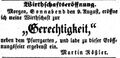 Werbeannonce zur Eröffnung der Gaststätte "Gerechtigkeit", August 1851 <span class="smw-highlighter" data-type="8" data-state="inline" data-title="Hinweis" title="Lizenz: NoC-NC 1.0"><span class="smwtticon note"></span><span class="smwttcontent">Lizenz: NoC-NC 1.0</span></span>