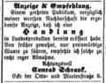 Anzeige von Schrank zur Eröffnung einer Landesproduktenhandlung, August 1873 <span class="smw-highlighter" data-type="8" data-state="inline" data-title="Hinweis" title="Lizenz: NoC-NC 1.0"><span class="smwtticon note"></span><span class="smwttcontent">Lizenz: NoC-NC 1.0</span></span>