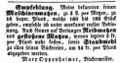 Anzeige Marx Oppenheimer, Fürther Tagblatt 11. Feb. 1851 <span class="smw-highlighter" data-type="8" data-state="inline" data-title="Hinweis" title="Urheber: Fürther TagblattLizenz: CC BY-SA 3.0"><span class="smwtticon note"></span><span class="smwttcontent">Urheber: <!--LINK'" 0:43--><br><br>Lizenz: CC BY-SA 3.0</span></span>