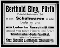 Werbeanzeige Schuhwaren Berthold (Benedikt) Bing, 1913 <span class="smw-highlighter" data-type="8" data-state="inline" data-title="Hinweis" title="Urheber: B. B. BingLizenz: CC BY-SA 3.0"><span class="smwtticon note"></span><span class="smwttcontent">Urheber: B. B. Bing<br><br>Lizenz: CC BY-SA 3.0</span></span>