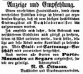 Zeitungsannonce des Etuisfabrikanten und Buchbinders <!--LINK'" 0:44-->, März 1853 <span class="smw-highlighter" data-type="8" data-state="inline" data-title="Hinweis" title="Lizenz: NoC-NC 1.0"><span class="smwtticon note"></span><span class="smwttcontent">Lizenz: NoC-NC 1.0</span></span>