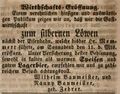 Zeitungsanzeige von Wilhelm Baumeister, Wirt <a class="mw-selflink selflink">zum silbernen Löwen</a>, Mai 1844 <span class="smw-highlighter" data-type="8" data-state="inline" data-title="Hinweis" title="Lizenz: NoC-NC 1.0"><span class="smwtticon note"></span><span class="smwttcontent">Lizenz: NoC-NC 1.0</span></span>