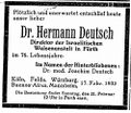 Todesanzeige in "Der Israelit" vom 18.2.1932 <span class="smw-highlighter" data-type="8" data-state="inline" data-title="Hinweis" title="Lizenz: CC BY-SA 3.0"><span class="smwtticon note"></span><span class="smwttcontent">Lizenz: CC BY-SA 3.0</span></span>