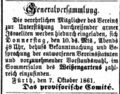 Vereinsgründung (provisorisches Comité), Fürther Tagblatt 9. Oktober 1861 <span class="smw-highlighter" data-type="8" data-state="inline" data-title="Hinweis" title="Urheber: Fürther TagblattLizenz: CC BY-SA 3.0"><span class="smwtticon note"></span><span class="smwttcontent">Urheber: <!--LINK'" 0:37--><br><br>Lizenz: CC BY-SA 3.0</span></span>