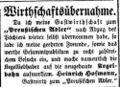 Zeitungsanzeige des Wirts "zum preußischen Adler", Heinrich Hofmann, März 1857 <span class="smw-highlighter" data-type="8" data-state="inline" data-title="Hinweis" title="Lizenz: NoC-NC 1.0"><span class="smwtticon note"></span><span class="smwttcontent">Lizenz: NoC-NC 1.0</span></span>