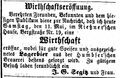 Segitz eröffnet Wirtschaft, Fürther Tagblatt 11.5.1867 <span class="smw-highlighter" data-type="8" data-state="inline" data-title="Hinweis" title="Urheber: Fürther TagblattLizenz: CC BY-SA 3.0"><span class="smwtticon note"></span><span class="smwttcontent">Urheber: <!--LINK'" 0:17--><br><br>Lizenz: CC BY-SA 3.0</span></span>