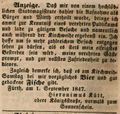 Zeitungsannonce des Wirts Hieronimus Kütt, Oktober 1847 <span class="smw-highlighter" data-type="8" data-state="inline" data-title="Hinweis" title="Lizenz: Non-commercial use only"><span class="smwtticon note"></span><span class="smwttcontent">Lizenz: Non-commercial use only</span></span>