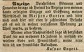 Zeitungsanzeige des neuen Wirts im <a class="mw-selflink selflink">Weißengarten</a>, Kaspar Engert, August 1850 <span class="smw-highlighter" data-type="8" data-state="inline" data-title="Hinweis" title="Lizenz: NoC-NC 1.0"><span class="smwtticon note"></span><span class="smwttcontent">Lizenz: NoC-NC 1.0</span></span>