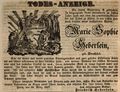 Traueranzeige von <a class="mw-selflink selflink">Friedrich Heberlein</a> zum Tod seiner Mutter, März 1847 <span class="smw-highlighter" data-type="8" data-state="inline" data-title="Hinweis" title="Lizenz: Out of copyright - non commercial re-use"><span class="smwtticon note"></span><span class="smwttcontent">Lizenz: Out of copyright - non commercial re-use</span></span>
