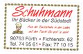 Visitenkarte Bäckerei Schuhmann (Vorderseite) <span class="smw-highlighter" data-type="8" data-state="inline" data-title="Hinweis" title="Lizenz: CC BY-SA 3.0"><span class="smwtticon note"></span><span class="smwttcontent">Lizenz: CC BY-SA 3.0</span></span>