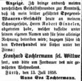 Zeitungsanzeige der Witwe Tochtermann, Juli 1858 <span class="smw-highlighter" data-type="8" data-state="inline" data-title="Hinweis" title="Lizenz: NoC-NC 1.0"><span class="smwtticon note"></span><span class="smwttcontent">Lizenz: NoC-NC 1.0</span></span>