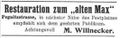 Anzeige in der Festzeitung für den IX. Bayer. Feuerwehrtag, 18. - 21. August 1900 <span class="smw-highlighter" data-type="8" data-state="inline" data-title="Hinweis" title="Urheber: Gaststätte"><span class="smwtticon note"></span><span class="smwttcontent">Urheber: Gaststätte "Zum alten Max"<br><br>Lizenz: CC BY-SA 3.0</span></span>