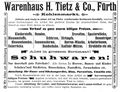 Anzeige in der Festzeitung für den IX. Bayer. Feuerwehrtag, 18. - 21. August 1900 <span class="smw-highlighter" data-type="8" data-state="inline" data-title="Hinweis" title="Urheber: Kaufhaus TietzLizenz: CC BY-SA 3.0"><span class="smwtticon note"></span><span class="smwttcontent">Urheber: <a class="mw-selflink selflink">Kaufhaus Tietz</a><br><br>Lizenz: CC BY-SA 3.0</span></span>