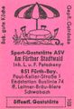 Zündholzschachtel-Etikett der ehemaligen Sport-Gaststätte ASV, um 1965 <span class="smw-highlighter" data-type="8" data-state="inline" data-title="Hinweis" title="Lizenz: CC BY-SA 3.0"><span class="smwtticon note"></span><span class="smwttcontent">Lizenz: CC BY-SA 3.0</span></span>