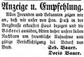 Zeitungsanzeige des Bäckers Seb. Bauer in der Bergstraße, November 1855 <span class="smw-highlighter" data-type="8" data-state="inline" data-title="Hinweis" title="Lizenz: NoC-NC 1.0"><span class="smwtticon note"></span><span class="smwttcontent">Lizenz: NoC-NC 1.0</span></span>