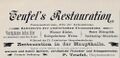 Werbeannonce für "Teufel's Restauration", Juli 1898 <span class="smw-highlighter" data-type="8" data-state="inline" data-title="Hinweis" title="Lizenz: NoC-NC 1.0"><span class="smwtticon note"></span><span class="smwttcontent">Lizenz: NoC-NC 1.0</span></span>