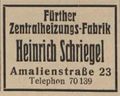 Werbeeintrag der Fürther Zentralheizungsfabrik Heinrich Schriegel im Adressbuch von 1931 <span class="smw-highlighter" data-type="8" data-state="inline" data-title="Hinweis" title="Urheber: Fürther Adressbuch 1931Lizenz: NoC-NC 1.0"><span class="smwtticon note"></span><span class="smwttcontent">Urheber: Fürther Adressbuch 1931<br><br>Lizenz: NoC-NC 1.0</span></span>