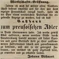 Eröffnungsanzeige von Johann Böhnert, neuer Pächter der Gaststätte <!--LINK'" 0:47-->, Juli 1844 <span class="smw-highlighter" data-type="8" data-state="inline" data-title="Hinweis" title="Lizenz: NoC-NC 1.0"><span class="smwtticon note"></span><span class="smwttcontent">Lizenz: NoC-NC 1.0</span></span>