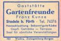 Zündholzschachtel-Etikett der ehemaligen Gaststätte Gartenfreunde, um 1965 <span class="smw-highlighter" data-type="8" data-state="inline" data-title="Hinweis" title="Lizenz: CC BY-SA 3.0"><span class="smwtticon note"></span><span class="smwttcontent">Lizenz: CC BY-SA 3.0</span></span>