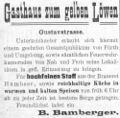 Werbeanzeige für den gelben Löwen in der Gustavstraße, August 1900 <span class="smw-highlighter" data-type="8" data-state="inline" data-title="Hinweis" title="Lizenz: CC BY-NC-SA 4.0"><span class="smwtticon note"></span><span class="smwttcontent">Lizenz: CC BY-NC-SA 4.0</span></span>