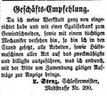 Zeitungsanzeige des Schlossermeisters L. Stenz, "Moststrasse Nr. 290" (heute vermutlich Moststraße ... <span class="smw-highlighter" data-type="8" data-state="inline" data-title="Hinweis" title="Zeitungsanzeige des Schlossermeisters L. Stenz,"><span class="smwtticon note"></span><span class="smwttcontent">Zeitungsanzeige des Schlossermeisters L. Stenz, "Moststrasse Nr. 290" (heute vermutlich Moststraße 6), Oktober 1855<br><br>Lizenz: NoC-NC 1.0</span></span>