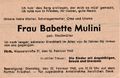 Traueranzeige von Babette Mulini aus dem Jahre 1968 <span class="smw-highlighter" data-type="8" data-state="inline" data-title="Hinweis" title="Urheber: Famlilie MuliniLizenz: CC BY-SA 3.0"><span class="smwtticon note"></span><span class="smwttcontent">Urheber: Famlilie Mulini<br><br>Lizenz: CC BY-SA 3.0</span></span>