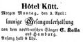 Werbeanzeige des Hotel Kütt, April 1854 <span class="smw-highlighter" data-type="8" data-state="inline" data-title="Hinweis" title="Lizenz: NoC-NC 1.0"><span class="smwtticon note"></span><span class="smwttcontent">Lizenz: NoC-NC 1.0</span></span>