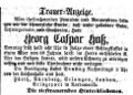 Traueranzeige für Georg Caspar Huß, Februar 1861 <span class="smw-highlighter" data-type="8" data-state="inline" data-title="Hinweis" title="Lizenz: NoC-NC 1.0"><span class="smwtticon note"></span><span class="smwttcontent">Lizenz: NoC-NC 1.0</span></span>