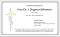 Traueranzeige D. Solomon, Juni 2023 <span class="smw-highlighter" data-type="8" data-state="inline" data-title="Hinweis" title="Urheber: Druckerei Klein SKS oHGLizenz: copyright"><span class="smwtticon note"></span><span class="smwttcontent">Urheber: Druckerei Klein SKS oHG<br><br>Lizenz: copyright</span></span>
