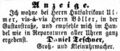 Zeitungsanzeige des Uhrmachers <!--LINK'" 0:23--> in der Gustavstraße, August 1862 <span class="smw-highlighter" data-type="8" data-state="inline" data-title="Hinweis" title="Lizenz: NoC-NC 1.0"><span class="smwtticon note"></span><span class="smwttcontent">Lizenz: NoC-NC 1.0</span></span>
