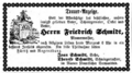 Traueranzeige für Friedrich Schmidt, Fürther Tagblatt vom 2. September 1873 <span class="smw-highlighter" data-type="8" data-state="inline" data-title="Hinweis" title="Lizenz: NoC-NC 1.0"><span class="smwtticon note"></span><span class="smwttcontent">Lizenz: NoC-NC 1.0</span></span>