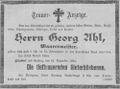 Traueranzeige für Georg Ahl, Dezember 1894 <span class="smw-highlighter" data-type="8" data-state="inline" data-title="Hinweis" title="Lizenz: Bildlizenz-Stadtarchiv"><span class="smwtticon note"></span><span class="smwttcontent">Lizenz: Bildlizenz-Stadtarchiv</span></span>