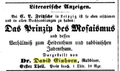 Werbeanzeige David Einhorn: "Das Prinzip des Mosaismus", Allgemeine Zeitung des Judenthums 7. ... <span class="smw-highlighter" data-type="8" data-state="inline" data-title="Hinweis" title="Werbeanzeige David Einhorn:"><span class="smwtticon note"></span><span class="smwttcontent">Werbeanzeige David Einhorn: "Das Prinzip des Mosaismus", Allgemeine Zeitung des Judenthums 7. November 1853<br>Urheber: Allgemeine Zeitung des Judentums<br><br>Lizenz: CC BY-SA 3.0</span></span>
