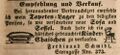 Werbeanzeige des Sattlers und Tapezierers Ferdinand Schmidt, April 1847 <span class="smw-highlighter" data-type="8" data-state="inline" data-title="Hinweis" title="Lizenz: NoC-NC 1.0"><span class="smwtticon note"></span><span class="smwttcontent">Lizenz: NoC-NC 1.0</span></span>