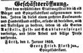 Zeitungsannonce des Spiegelfabrikanten <a class="mw-selflink selflink">Georg Friedrich Floth</a>, Januar 1852 <span class="smw-highlighter" data-type="8" data-state="inline" data-title="Hinweis" title="Lizenz: NoC-NC 1.0"><span class="smwtticon note"></span><span class="smwttcontent">Lizenz: NoC-NC 1.0</span></span>