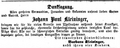 Traueranzeige Johann Paul Kleininger, Juli 1863 <span class="smw-highlighter" data-type="8" data-state="inline" data-title="Hinweis" title="Lizenz: NoC-NC 1.0"><span class="smwtticon note"></span><span class="smwttcontent">Lizenz: NoC-NC 1.0</span></span>