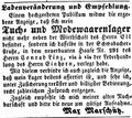Zeitungsanzeige für ein neues Modegeschäft in der damaligen <!--LINK'" 0:52-->, Februar 1852 <span class="smw-highlighter" data-type="8" data-state="inline" data-title="Hinweis" title="Lizenz: NoC-NC 1.0"><span class="smwtticon note"></span><span class="smwttcontent">Lizenz: NoC-NC 1.0</span></span>