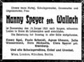 Todesanzeige Nanny Speyer, Mutter von Julie Else Wassermann-Speyer, 1925 <span class="smw-highlighter" data-type="8" data-state="inline" data-title="Hinweis" title="Lizenz: CC BY-SA 3.0"><span class="smwtticon note"></span><span class="smwttcontent">Lizenz: CC BY-SA 3.0</span></span>
