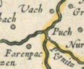 Ausschnitt aus der Karte ""Nova Franconiae Descriptio" von 1626 mit Vach und "Farenpac" <span class="smw-highlighter" data-type="8" data-state="inline" data-title="Hinweis" title="Urheber: Jan JanssonLizenz: CC BY-NC-SA 4.0"><span class="smwtticon note"></span><span class="smwttcontent">Urheber: Jan Jansson<br><br>Lizenz: CC BY-NC-SA 4.0</span></span>